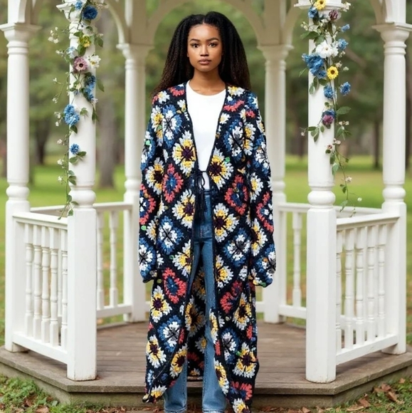 🦋NWOT! UNICORN! RARE! Granny Squares Party Cardi Duster Full Length Cardigan! - Picture 15 of 16